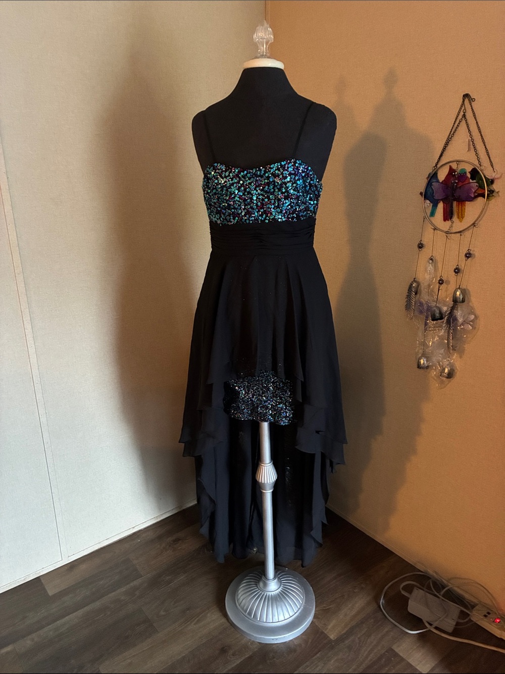 Adrianna Papell Black High-Low Dress with Teal and Blue Sequin Bodice